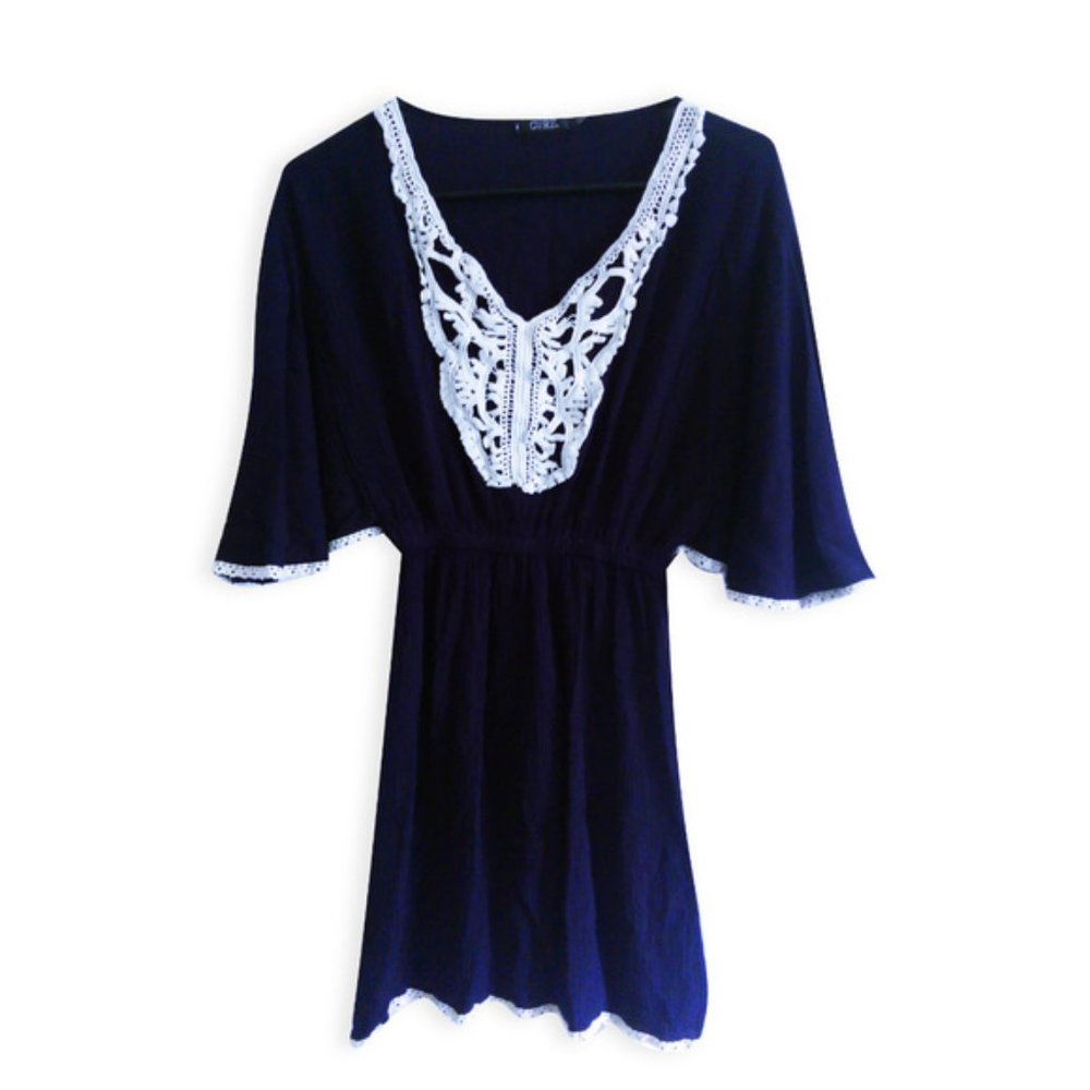 Boho Chic Navy White Lace Peasant Tunic Blouse